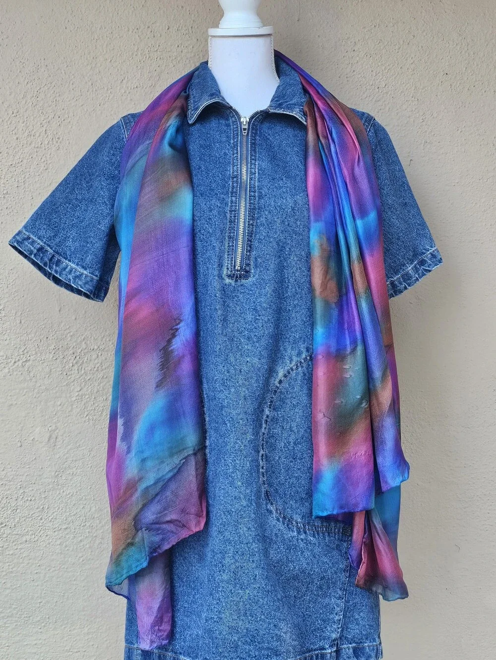 100% Silk Scarf Oil Spill Wearable Art Purple & Blue Multicolor W/ Drips